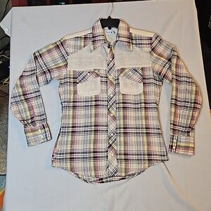 Vintage H.I.S Western Pearl Snap Shirt  sz M Plaid with  Cream accent yoke and
